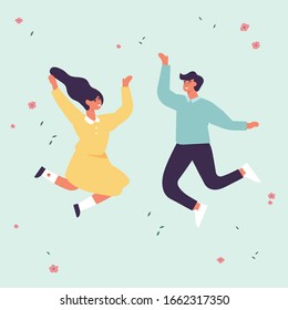 Happy couple of young people are jumping. Young people are celebrating together. Vector illustration in a flat style