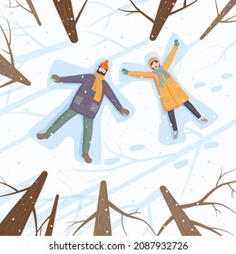 Happy couple of young people making snow angel in snow. Vector illustration.