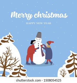 happy couple of young people, man and skunk, sculpts snowman. Lettering Merry Christmas and Happy New Year. Flat style vector illustration. Postcard