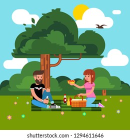 Happy Couple of Young People on a Picnic. Couple of Lovers Resting in Nature. Vector Illustration in a Flat Style. Picture