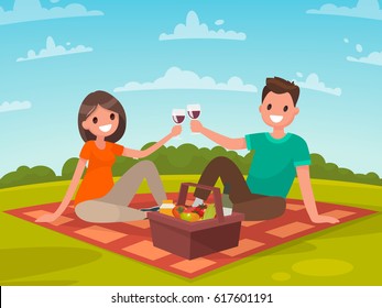 Happy couple of young people on a picnic. A trip to nature together. Vector illustration in a flat style