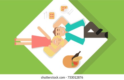 Happy couple of young people on a picnic. A trip to nature together. Vector illustration in a flat style.
