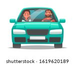 Happy couple of young people rides a car. A man driving a vehicle and a woman sitting in the passenger seat. A fun car trip  husband and wife. Vector illustration in cartoon style