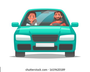 Happy couple of young people rides a car. A man driving a vehicle and a woman sitting in the passenger seat. A fun car trip  husband and wife. Vector illustration in cartoon style