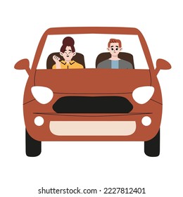 Happy couple of young people rides a car. A man driving a vehicle and a woman sitting in the passenger seat. A fun car trip husband and wife. Vector illustration in cartoon style