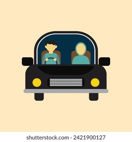 Happy couple of young people rides a car. A man driving a vehicle and a woman sitting in the passenger seat. A fun car trip husband and wife. Vector illustration in cartoon style