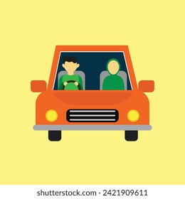 Happy couple of young people rides a car. A man driving a vehicle and a woman sitting in the passenger seat. A fun car trip husband and wife. Vector illustration in flat style