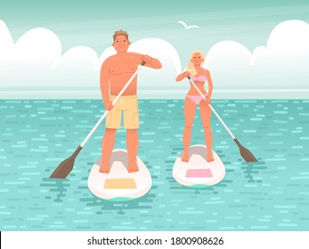 Happy couple of young people swim on stand up paddle board. A man and a woman hold oars in their hands and stand on a surfboard while floating on the water. Vector illustration in flat style