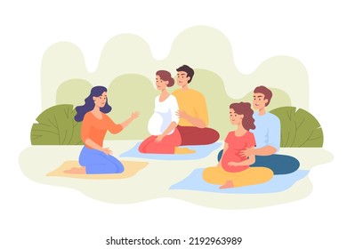 Happy couples attending childbirth course or class. Pregnant women with husbands sitting on floor flat vector illustration. Pregnancy, family, childbirth concept for banner or landing web page