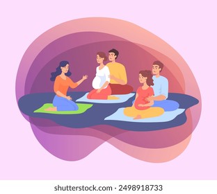 Happy couples attending childbirth course or class. Pregnant women with husbands sitting on floor flat vector illustration. Pregnancy, family, childbirth concept for banner or landing page