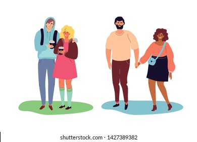 Happy couples - colorful flat design style characters on white background. Scenes with a boy and a girl in casual clothes hugging, drinking coffee from paper cups, holding hands, walking together