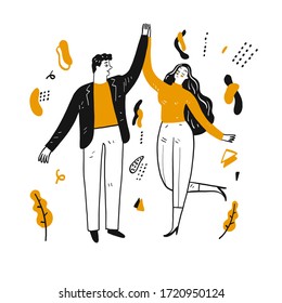 Happy couples dancing on bright days, Hand drawn Vector Illustration in sketch doodle style.