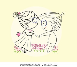 Happy couples dancing on bright days, Hand drawn Illustration in sketch doodle style