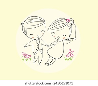 Happy couples dancing on bright days, Hand drawn Illustration in sketch doodle style