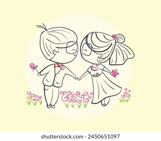 Happy couples dancing on bright days, Hand drawn Illustration in sketch doodle style