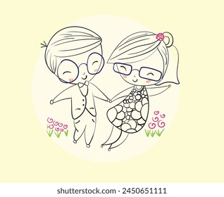 Happy couples dancing on bright days, Hand drawn Illustration in sketch doodle style