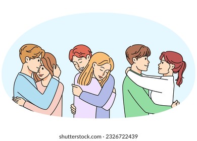 Happy couples embracing on hugging day. Smiling men and women cuddle show love and care. People relationship concept. Vector illustration.