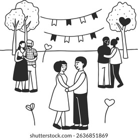 Happy couples enjoying a festive outdoor gathering in a park