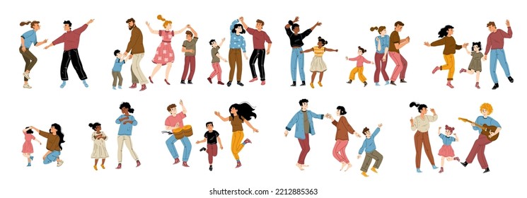 Alegres parejas y familias con niños bailando. Personajes diversos, hombres y mujeres emocionados bailan con niños y niñas aislados de fondo blanco, ilustración de vector dibujada a mano