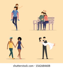 Happy couples flat vector illustrations set. Men and women in love bonding together cartoon characters pack. Girlfriends and boyfriends having fun, hugging, holding hands, husband carrying wife