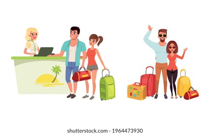 Parejas felices en vacaciones de verano, joven y mujer con bolsos de viaje, pareja de turistas en recepción del hotel Ilustración vectorial