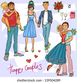 Happy Couples, Hand drawn young people in love