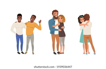 Happy Couples Hugging Set, Romantic Partners or Best Friends Embracing with Smiling Faces Cartoon Vector Illustration