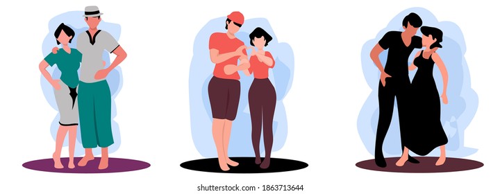 Happy Couples Hugging Set, Smiling Romantic Partners or Friends Embracing Cartoon Vector Illustration