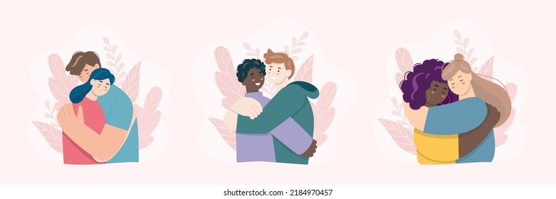 Happy Couples Are Hugging.Support Concept. Help And Compassion, Depression Illustration. Family Crisis.