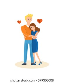 Happy couples in love concept. A loving young couple hugging, showing warmth and respect for each other, happy and in a good mood. Vector illustration isolated on white background.