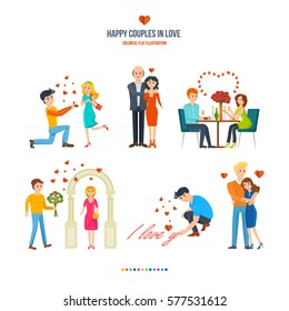 Happy couples in love concept. Man proposes to girl, man buys his wife a necklace, pair of the restaurant, near the arch of surprise, declaration of love and warm embrace. Valentine's Day