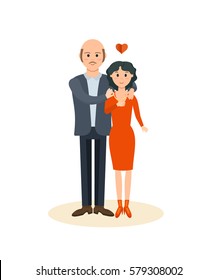 Happy couples in love concept. Man gives his beloved a gift of beautiful jewelry necklaces of gold, she delighted with the gift. Card for Valentine's Day. Vector illustration isolated