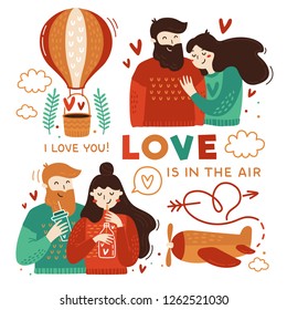 Happy couples  and love elements. Vector illustrations. Great for wedding invitation, save the date cards or valentine's day greeting card