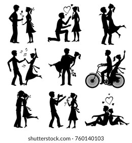 Happy couples in love just married bride and groom vector black silhouettes. Black bride and groom, wife and husband, wedding woman and man illustration