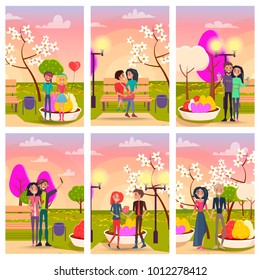 Happy couples in love out on romantic dates in park with blooming trees and flower beds at sunset vector illustrations set.