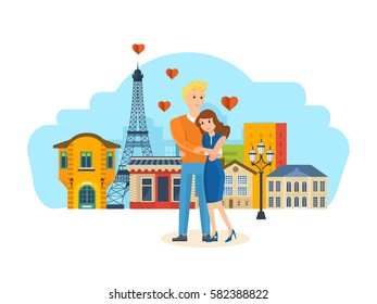 Happy couples in love in the Paris concept. A loving young couple hugging, showing warmth and respect for each other, happy and in a good mood. Vector illustration isolated on white background.