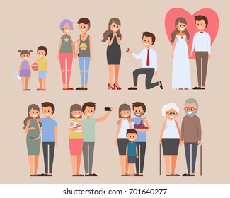 Happy couples in love story vector illustration. Little boy and girl, teenagers listening music together, guy makes  proposal, wedding, pregnancy, family selfie with baby, old couple