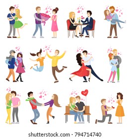 Happy couples in love surrounded with small hearts on romantic dates, hug tight, whirl in dance and make presents cartoon vector illustrations set.