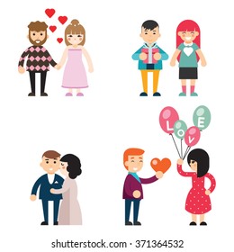 Happy couples love Valentine Day men and women characters Concept Flat Design Vector Illustration