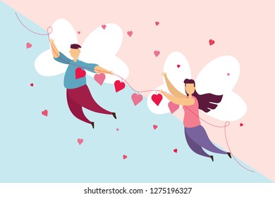 Happy couples love a wing fly on sky in Valentine's day festival and pink blue background. Vector illustration