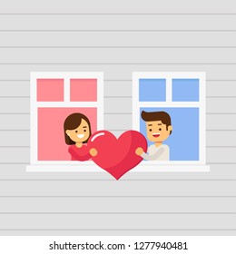 Happy couples on Lovely on window in Valentine's day festival and blue background