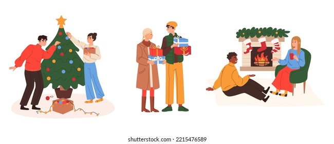 Happy couples preparing for Christmas holidays at home. People decorating Xmas tree, presenting and buy gifts. Preparation for winter holidays. Set of flat vector illustrations isolated.