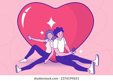 Happy couples sit after collide. The background is a big heart. Valentine's Day. Self care, love yourself icon or body positive concept. Vector illustration.