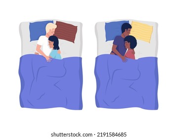 Happy couples sleeping in beds semi flat color vector characters set. Editable figures. Full body people on white. Simple cartoon style illustrations for web graphic design and animation collection
