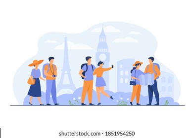 Happy couples traveling in Europe and taking photo isolated flat vector illustration. Cartoon group of people with backpack, camera and map. Vacation and tourism concept