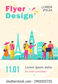 Happy couples traveling in Europe and taking photo isolated flat vector illustration. Cartoon group of people with backpack, camera and map. Vacation and tourism concept