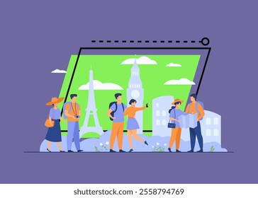 Happy couples traveling in Europe and taking photo isolated flat vector illustration. Cartoon group of people with backpack, camera and map. Vacation and tourism concept