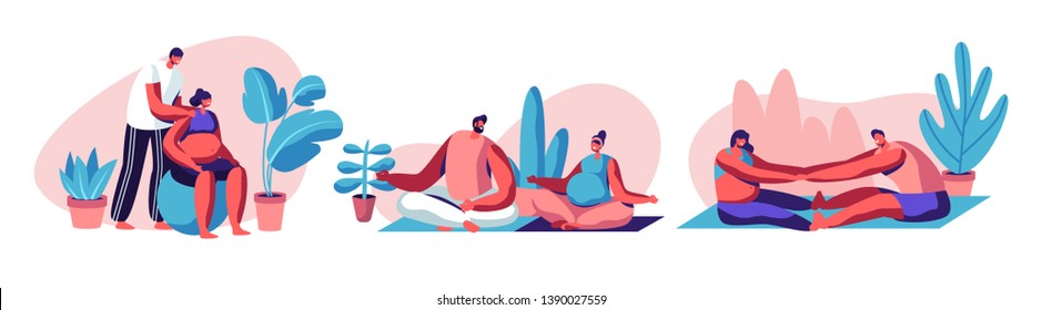 Happy Couples Waiting Baby and Exercising in Gym. Pregnant Female Characters with their Husbands Doing Fitness Sports Activity Together. Fitball, Yoga, Relaxing Poses. Cartoon Flat Vector Illustration