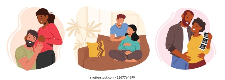 Happy Couples Waiting Baby. Future Parents Young Pregnant Female Characters with their Loving Husbands. Concept of Motherhood, Maternity, Family Relations. Cartoon People Vector Illustration