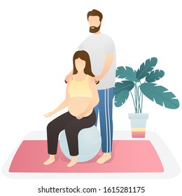 happy couples waiting baby and yoga exercising. doing yoga together. happy pregnancy, childbirth anticipation. flat vector illustration